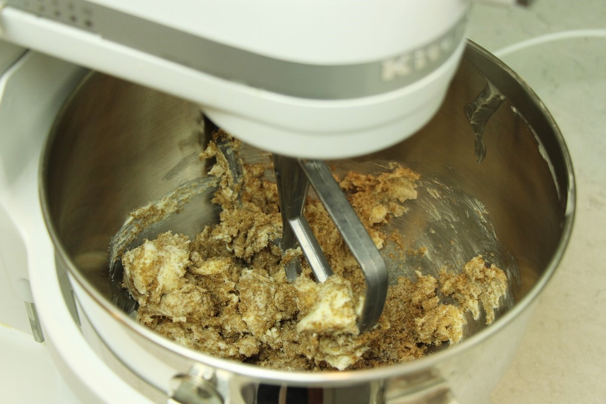 Beating butter and sugars using KitchenAid stand mixer.