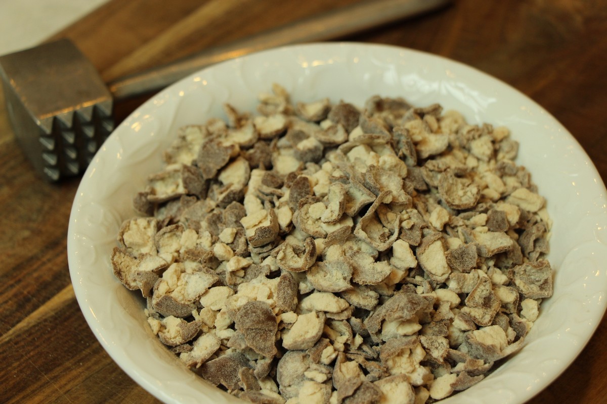 Malted milk balls, crushed to be used in cookie recipe.