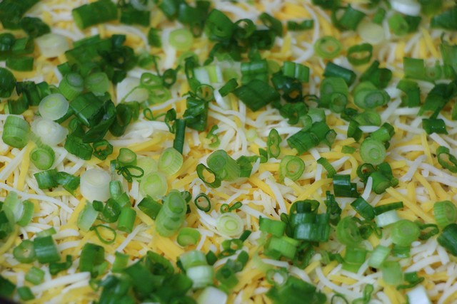 Adding cheese and scallions to Taco dip