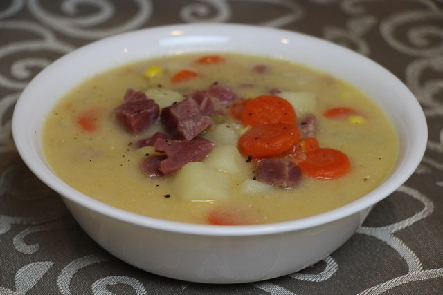 Homemade tasty, creamy ham & potato soup from stock, recipe