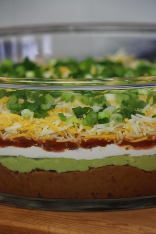 Six Layer Dip for Tortillas, Mexican Guacamole, Refried Beans