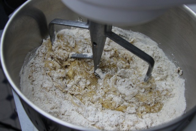 Banana bread ingredients in the KitchenAid mixer