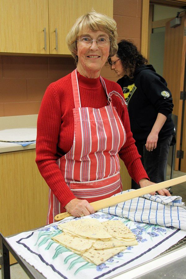 Lefse baking, showing finished baked lefse