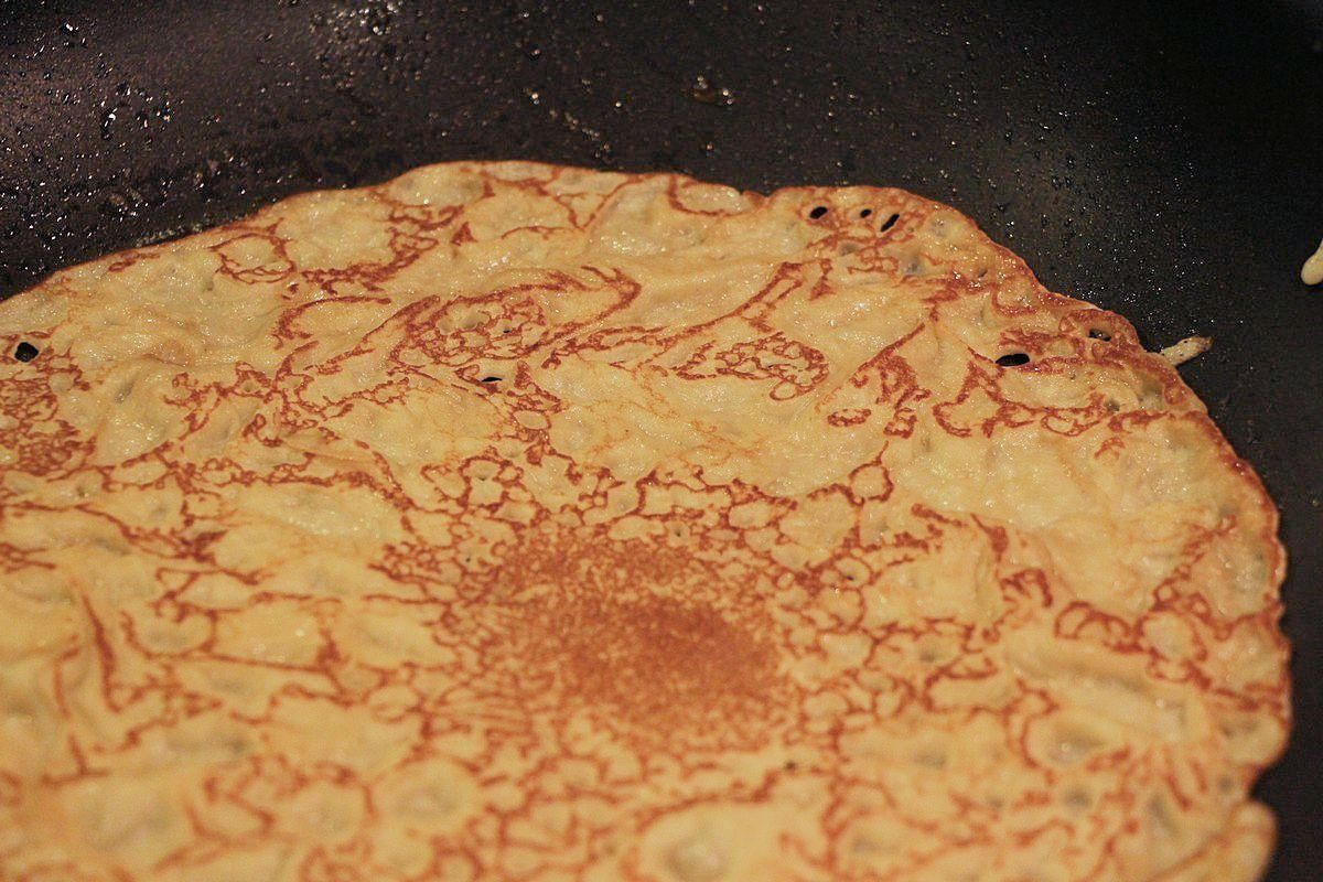 Norwegian pancakes, pancake frying in skillet