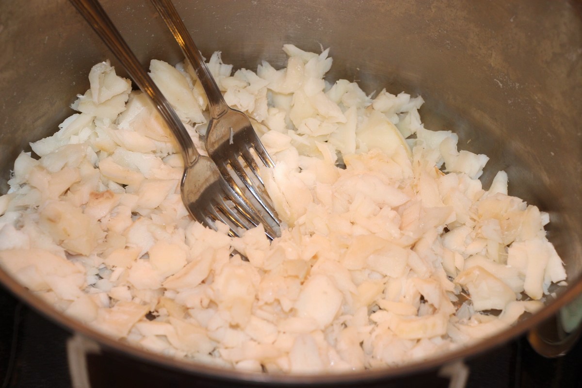 Cooked, flaking fish, shred easily with forks.