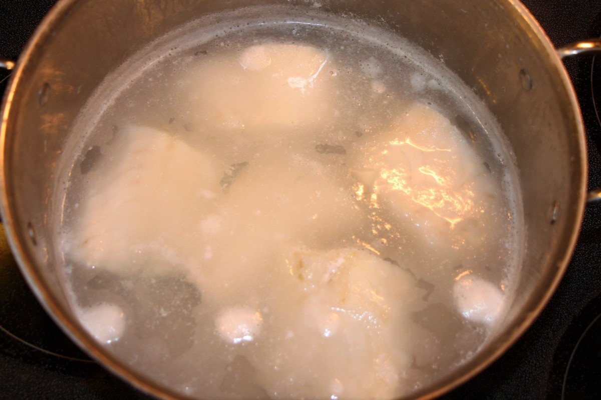 Simmering fish, cod.