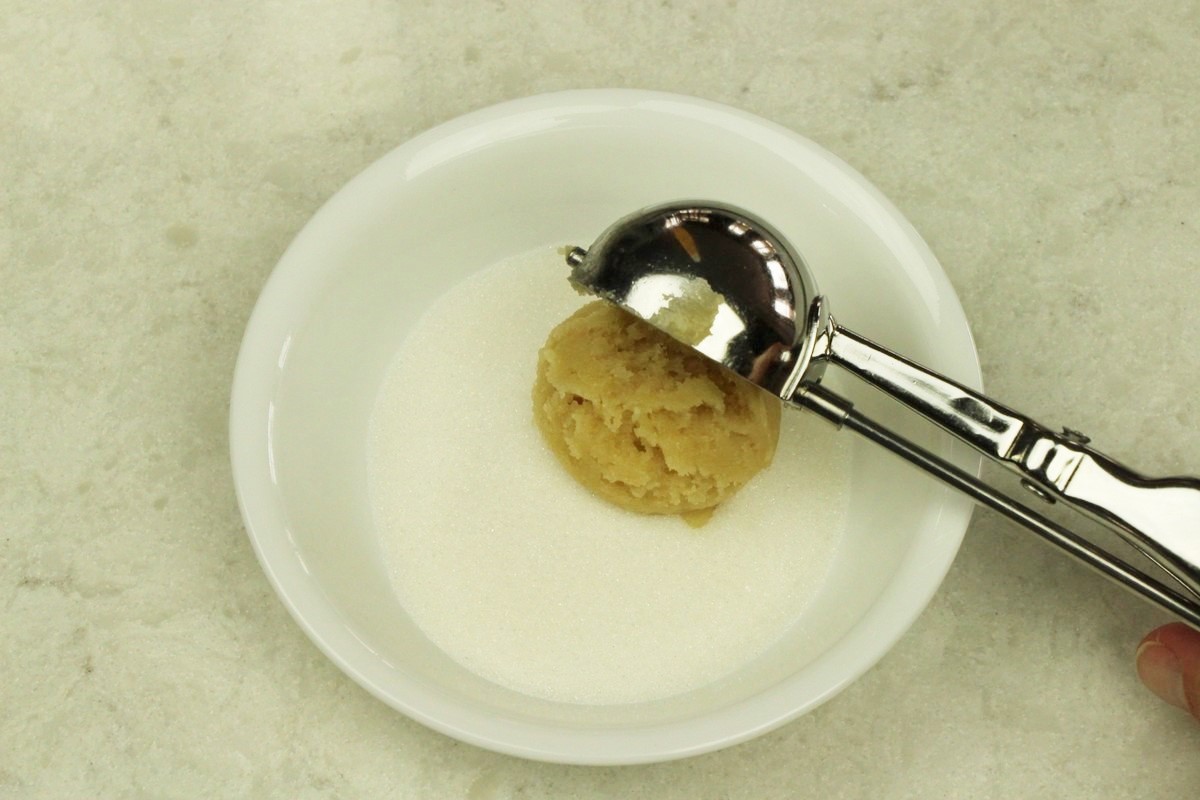 Shaping sugar cookies and rolling in sugar.