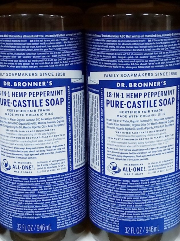 A look at ingredients and safety in soaps and lotions at Trader Joe's. Dr. Bronner's Pure Castile Soap.