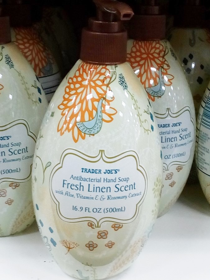 A look at ingredients and safety in soaps and lotions at Trader Joe's. Fresh Linen Hand Soap.