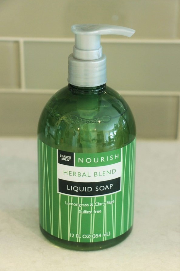 A look at ingredients and safety in soaps and lotions at Trader Joe's. Nourish Herbal Blend Hand Soap.